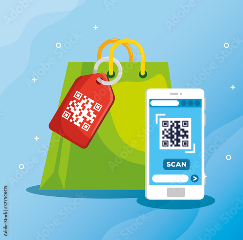 scan code qr with smartphone and bag shopping vector illustration design