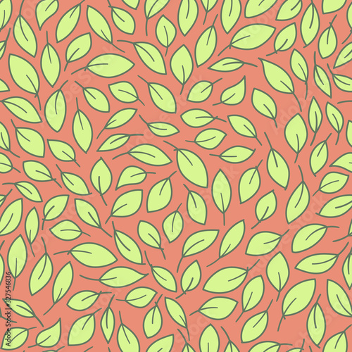 Beautiful light green leaves seamless pattern on orange background. Cartoon style vector illustration in minimalism.