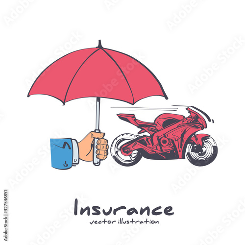 Insurance motorcycle. Vector illustration sketch design. Isolated on white background. Hand insurer with an umbrella that protects motorbike. Safety concept moto.
