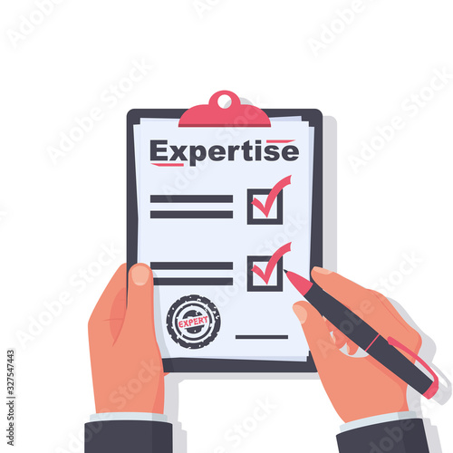 Expertise concept. Expert holding in hand clipboard and pen. Documents and written research. An experienced person advises and evaluates. Vector illustration flat design. Isolated on white background