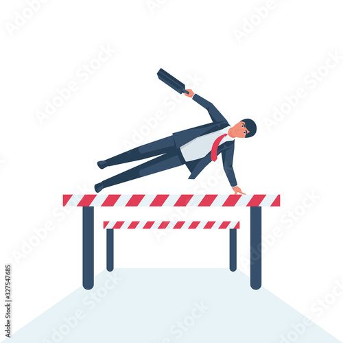 Overcoming problems. Solution challenge. Businessman in suit with briefcase confidently jump over barrier. Hurdle on way. Vector illustration flat design. Isolated on background. Achieving goal.