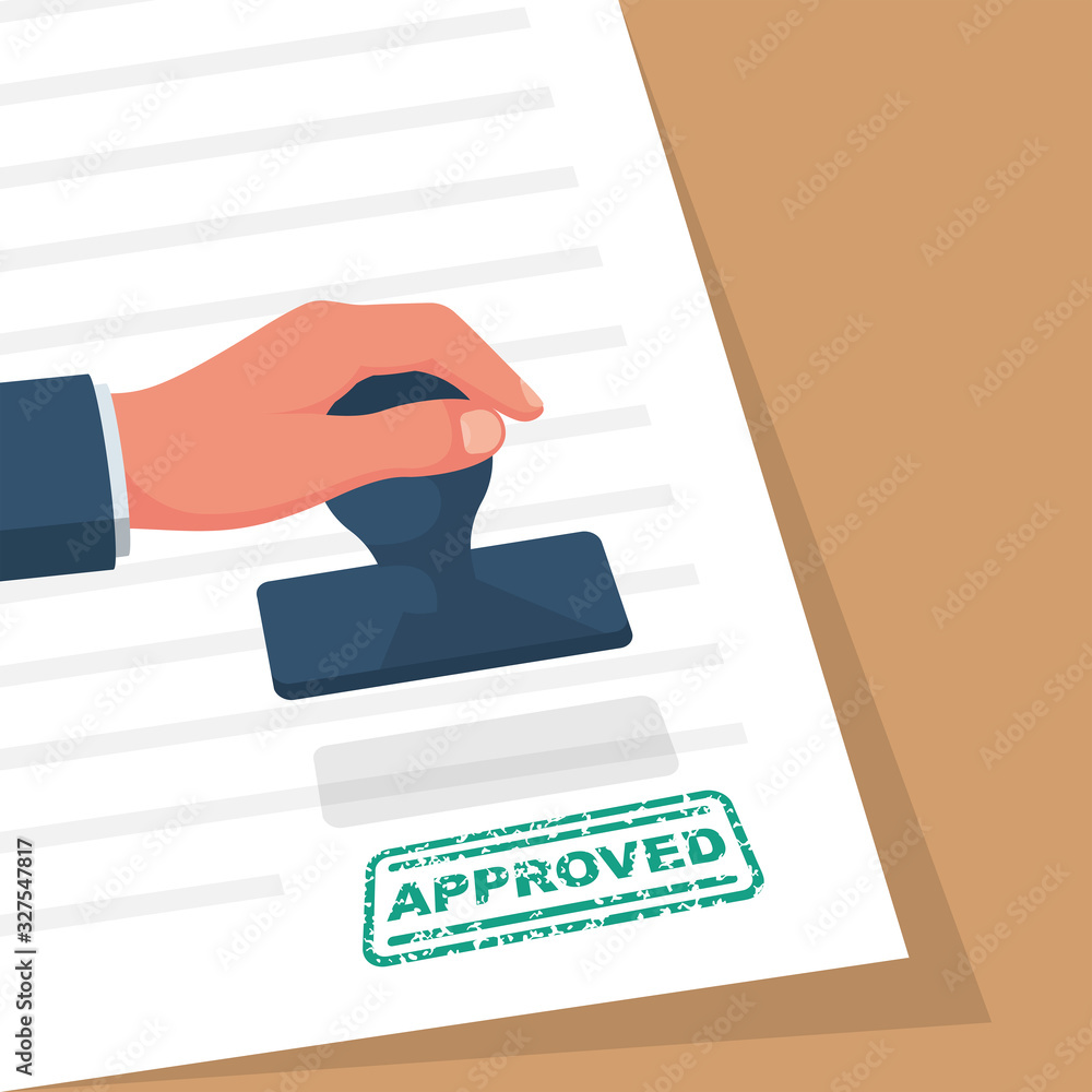 Approved stamp in hand businessman. Green approved stamp. Document for