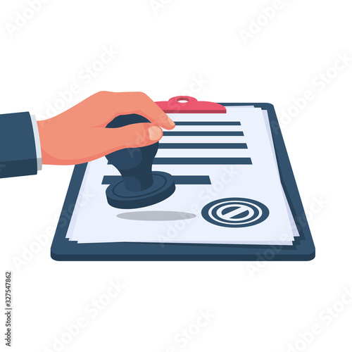 Businessman holds stamping in hand. Hand stamping and clipboard. Vector illustration flat design. Isolated on white background. Paper work in the office. Document for signature.