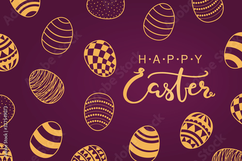 Card, invite, banner design with different eggs with patterns, text Happy Easter. Gold on purple background. Vector illustration. Concept for holiday celebration decor element. Flat style.