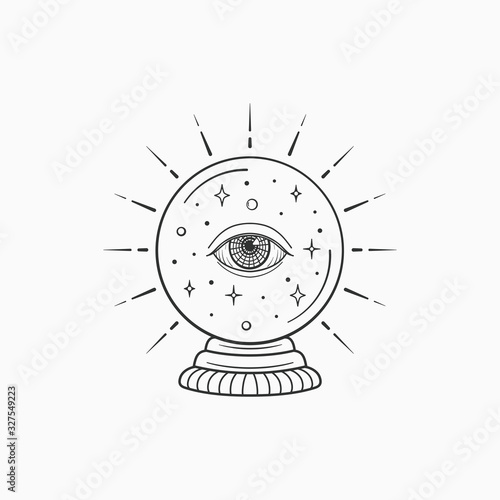 Magic crystal ball future. Witch and magic symbol, monochrome vector illustration, isolated on white background
