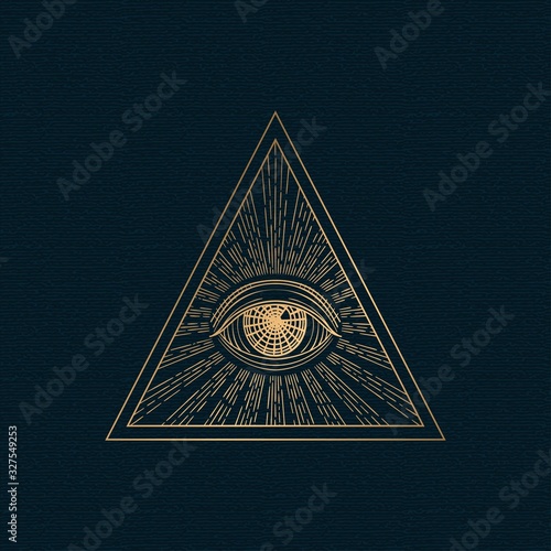 All seeing eye vector, illuminati symbol in triangle with light ray, tattoo design isolated on white background