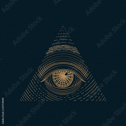 All seeing eye vector, illuminati symbol in triangle with light ray, tattoo design isolated on white background