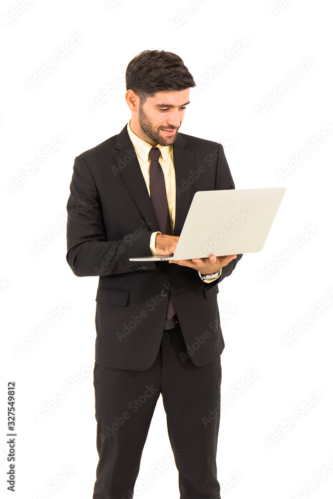 A handsome young man standing on a tablet isolated on white background, A handsome young man standing on a tablet isolated on white background,