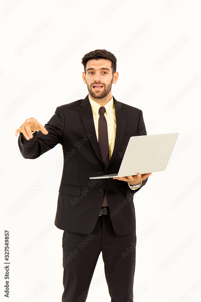 A handsome young man standing on a tablet isolated on white background, A handsome young man standing on a tablet isolated on white background,