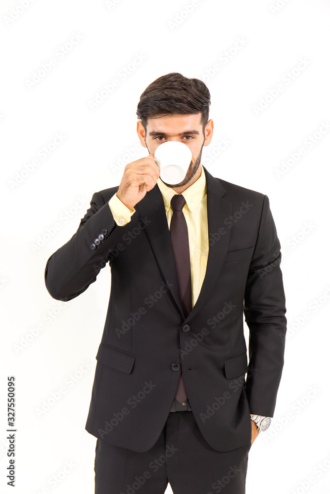 A handsome businessman standing over a coffee isolated on white background, A handsome businessman standing over a coffee isolated on white background,