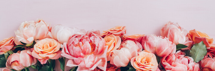 Bunch of pink peonies and roses