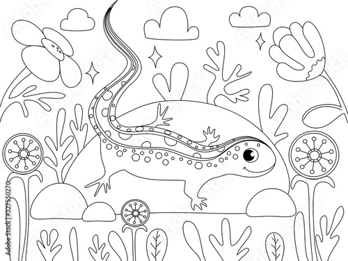 Lizard Animal. Children coloring. Black lines, white background. Cartoon vector