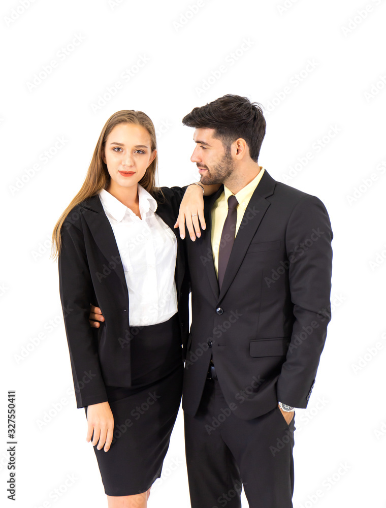 Two young male businessmen and a young woman isolated on a white background. Two young male businessmen and a young woman isolated on a white background.