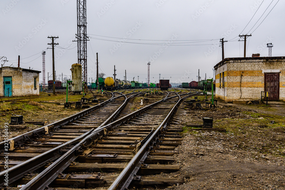 Many cargo trains at the sorting railway station Many cargo trains at the sorting railway station