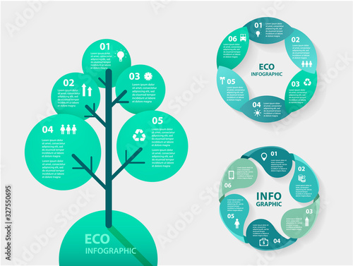 Vector circle nature infographic. Tree template for eco diagram, graph, presentation and chart. Ecology concept with 5, 6 options, parts, steps or processes