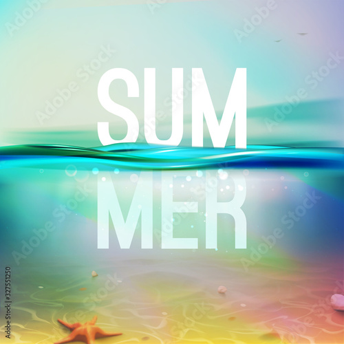 Underwater blue, aqua, green realistic ocean background. Summer backdrop. Vector illustration with deep underwater sea scene. Banner with horizon water surface. The bubbles in the water, seabed