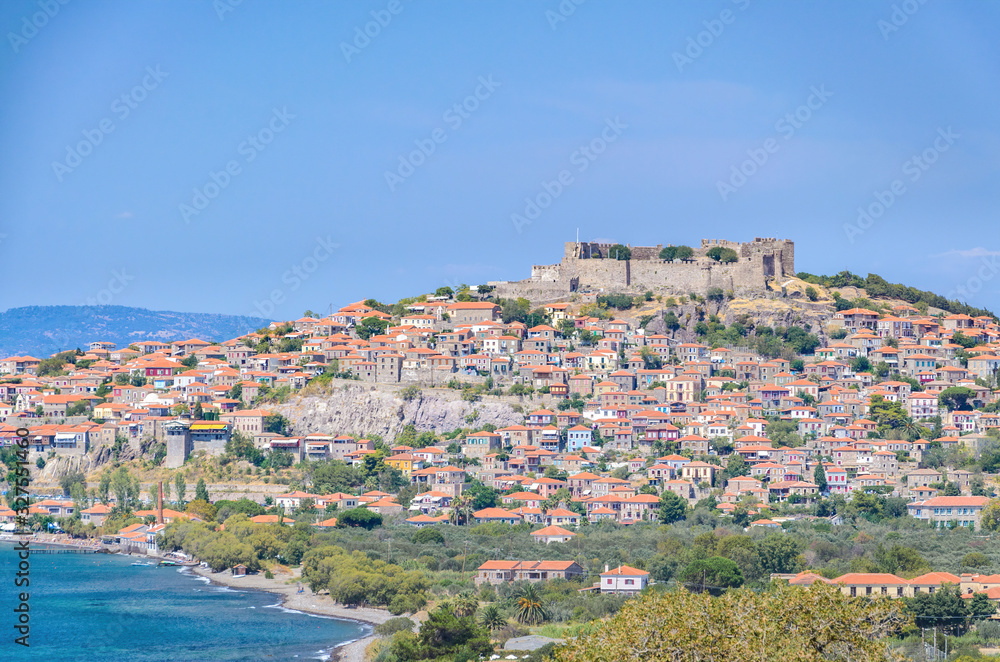 The old traditional village of Molivos with the medieval castle  in Mythimna Lesvos Greece