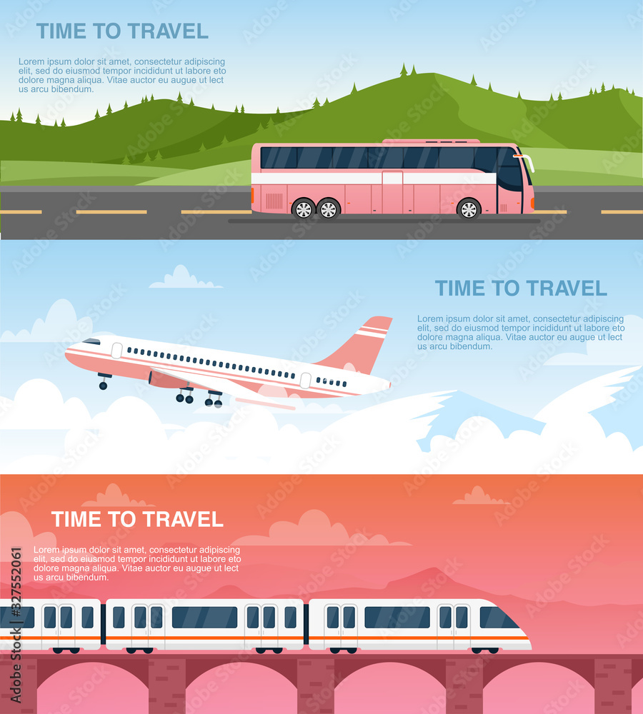 Time to travel web banner vector templates set. Tourist agency advertisement designs pack. Airway, railway and road transportation. Airplane, bus and train cartoon illustrations with text space.