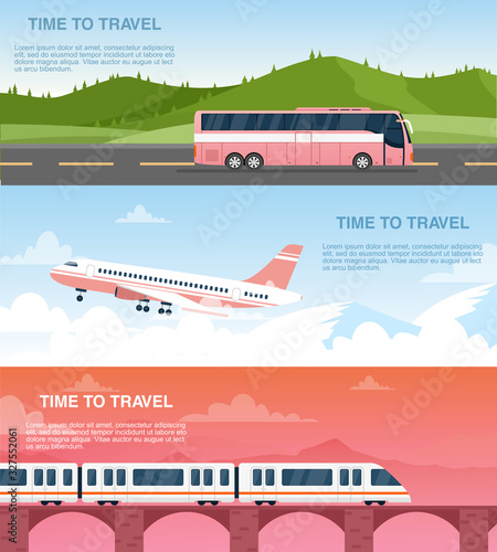 Time to travel web banner vector templates set. Tourist agency advertisement designs pack. Airway, railway and road transportation. Airplane, bus and train cartoon illustrations with text space.