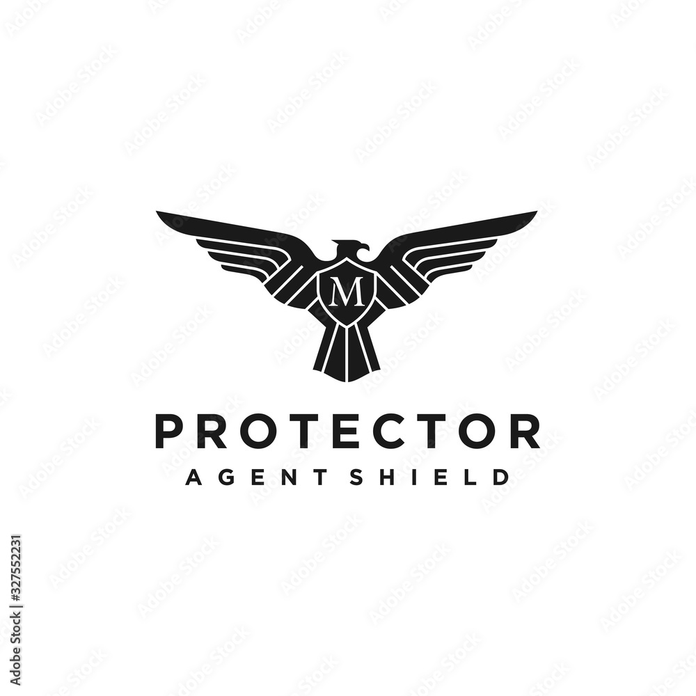 Simple and Elegant Eagle Hawk Falcon and security shield Logo design Simple and Elegant Eagle Hawk Falcon and security shield Logo design