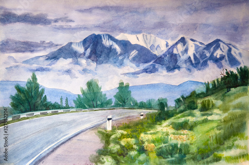 Watercolor illustration. Landscape of a mountain valley sunset, sunrise. Art painting. © Юрий Кузнецов