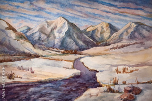Fototapeta Naklejka Na Ścianę i Meble -  Watercolor illustration. Landscape of a mountain valley sunset, sunrise. Art painting.