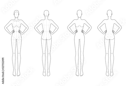 Fashion template 9 head for technical drawing with main lines. 