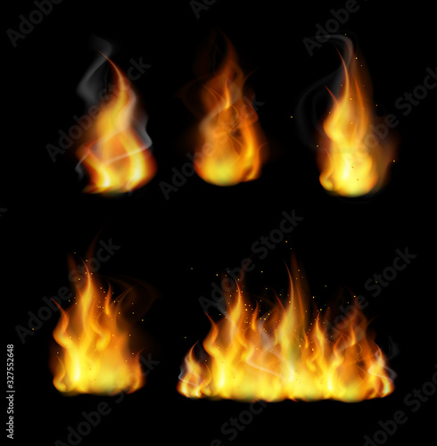 Forks of flame realistic 3d vector illustrations set. Burning yellow bonfire with bright sparks collection isolated on black background. Fireflames collection. Blazing, flaring, ignition.