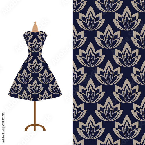 Fashion art collection, vector illustration. Vintage tailor's dummy, dress model and colorful seamless pattern for textile fabric, paper print, invitation or business card design. Isolated elements