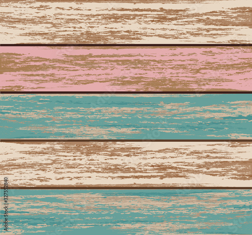 Shabby wood texture flat vector illustration. Colorful aged wooden boards, obsolete multicolor painted planks. Creative vintage background, decorative rough hardwood backdrop. Old fence, floor.