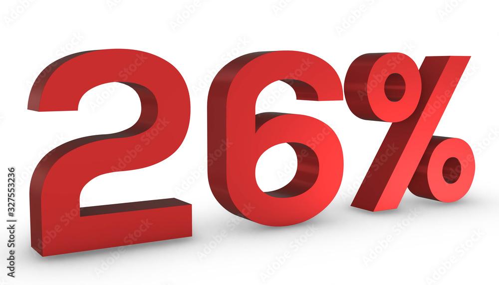 Number 26 Percent 26% Red Sign 3D Rendering Isolated on White Background Number 26 Percent 26% Red Sign 3D Rendering Isolated on White Background