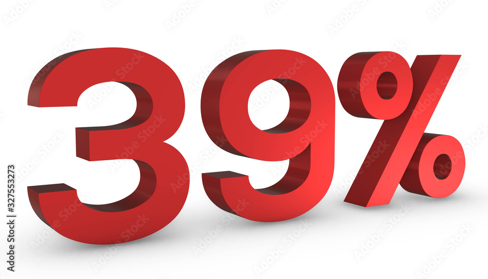 Number Thirty Nine Percent 39% Red Sign 3D Rendering Isolated on White Background Number Thirty Nine Percent 39% Red Sign 3D Rendering Isolated on White Background