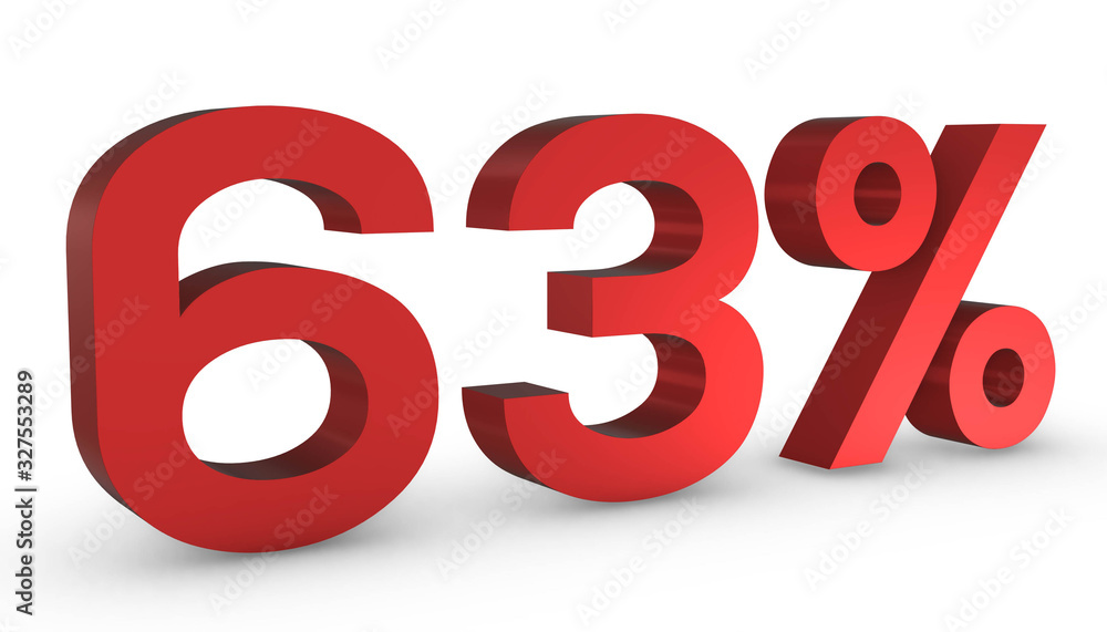 Number Sixty Three Percent 63% Red Sign 3D Rendering Isolated on White Background Number Sixty Three Percent 63% Red Sign 3D Rendering Isolated on White Background