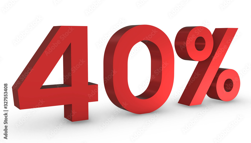Number Fourty Percent 40% Red Sign 3D Rendering Isolated on White Background Number Fourty Percent 40% Red Sign 3D Rendering Isolated on White Background