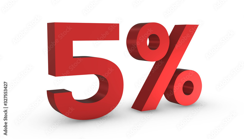 Number Five Percent 5% Red Sign 3D Rendering Isolated on White Background Number Five Percent 5% Red Sign 3D Rendering Isolated on White Background
