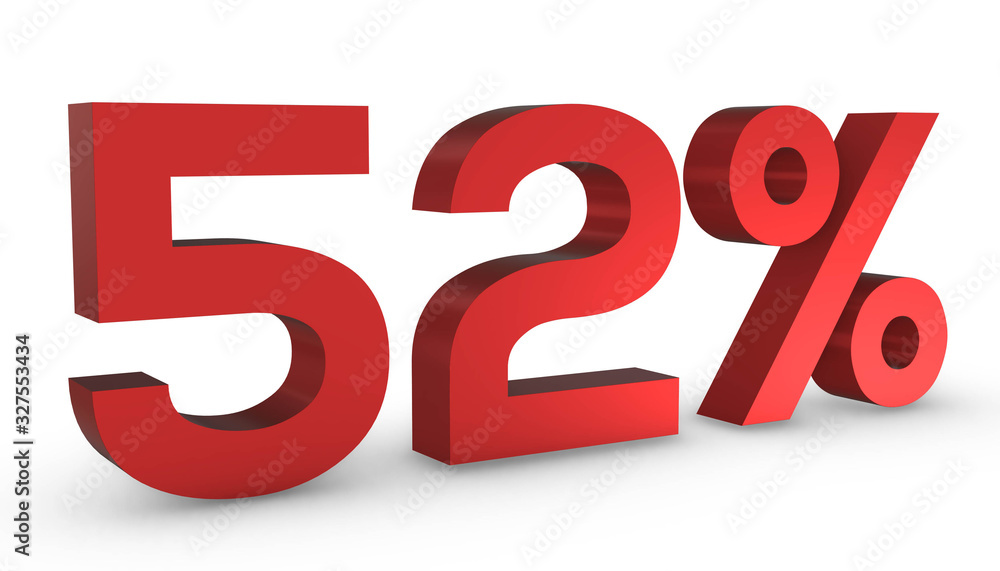 Number Fifty Two Percent 52% Red Sign 3D Rendering Isolated on White Background Number Fifty Two Percent 52% Red Sign 3D Rendering Isolated on White Background
