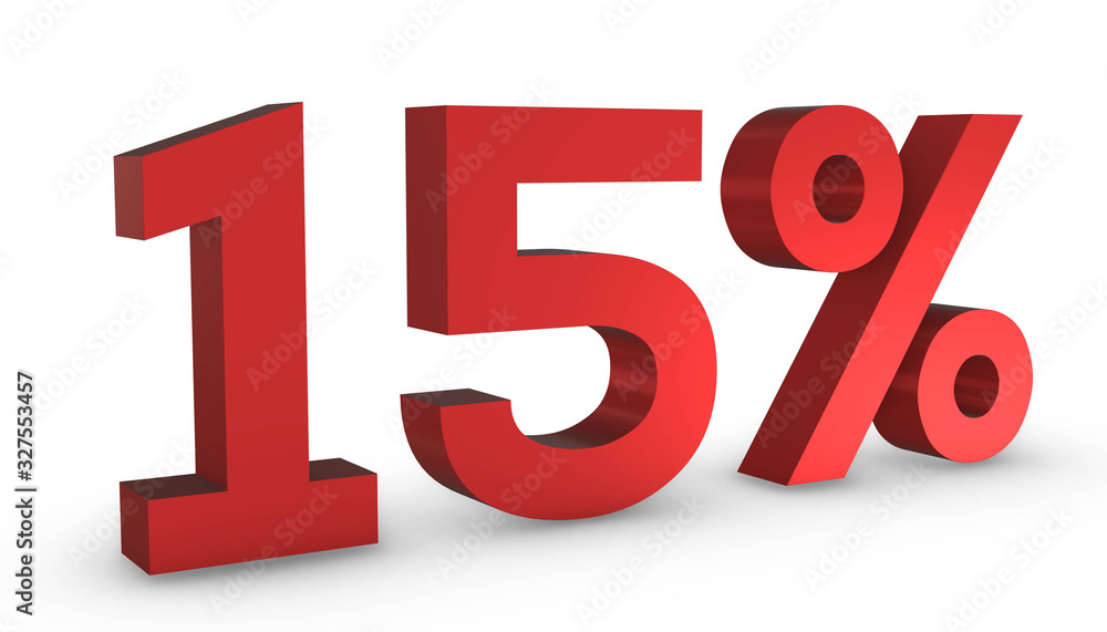 Number Fifteen Percent 15% Red Sign 3D Rendering Isolated on White Background Number Fifteen Percent 15% Red Sign 3D Rendering Isolated on White Background