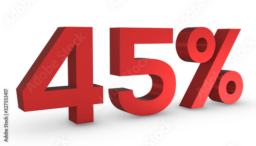 Number Fourty Five Percent 45% Red Sign 3D Rendering Isolated on White Background