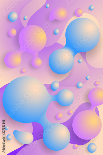 Stylish colorful vibrant gradients and geometric shapes. Light blue and ultraviolet colors on a light background. Abstract vector posters with 3-D balls and liquid bubbles. Paint splatter. Brochures.