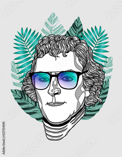 Thomas Jefferson sculpture. Hipster portrait with glasses and tropical leaves.
