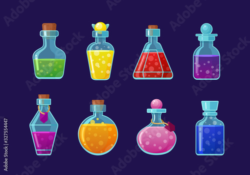 Potions vector cartoon illustrations set. Magic drinks, fairy elixirs, substance with bubbles, witch beverages. Corked glass flasks with color liquid collection isolated on blue background.