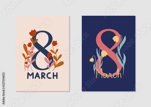 Set of vector greeting cards for International Women's Day. 8th of march. Vector illustration with flowers for Women's Day. Female symbol with spring elements. Romantic floral illustration