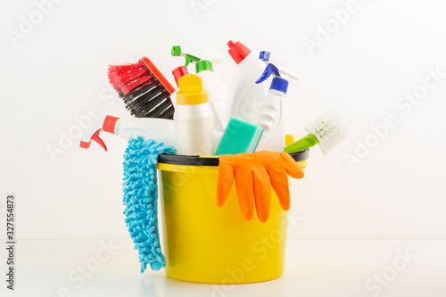 Cleaning products set in bucket