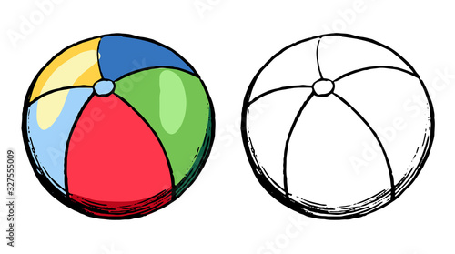 Hand drawn vector illustration. Set of contour and color drawing isolated on white. Colored inflatable beach ball. Doodle element for design, card, print, sticker. Vintage, ink sketch, realistic style