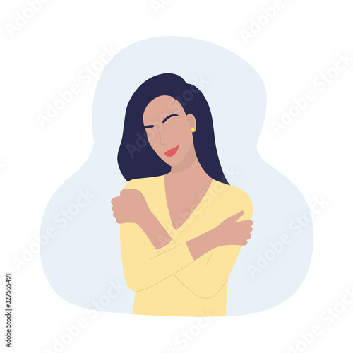 Woman hugging herself. Woman of color express self love and self care. Trendy minimalistic illustration of flat woman. Treat yourself, take care of yourself vector concept EPS 10.