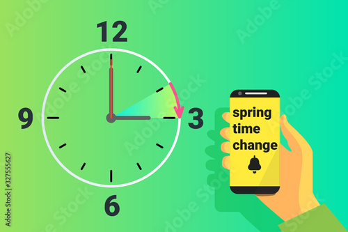 Spring Time forward. Summer clock change. Daylight saving time. Vector