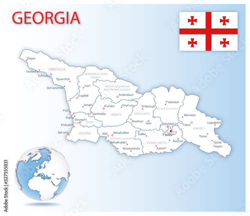 Detailed map of Georgia administrative divisions with country flag and location on the globe. Vector illustration