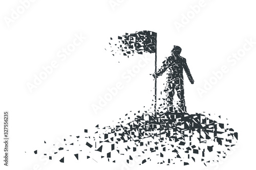 Silhouette businessman standing with a flag on the top of the hill. The success is falling apart and disappearing.