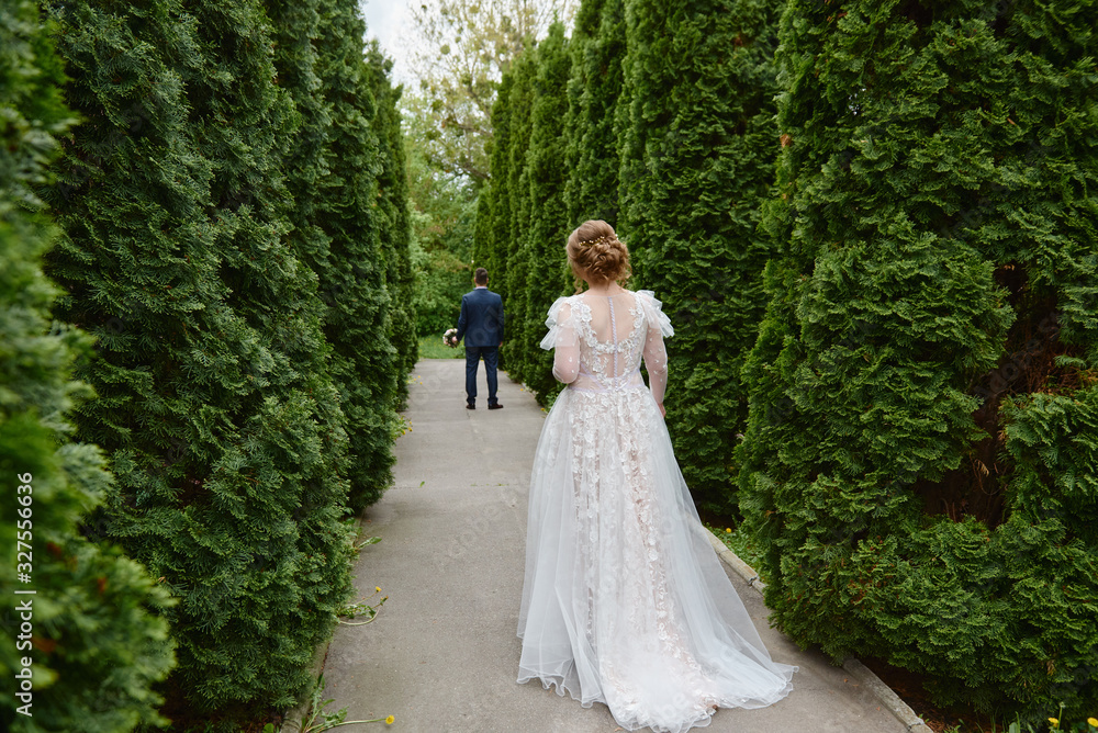Happy bride and groom walking in garden on wedding day. Wedding couple in love, newlyweds, copy space