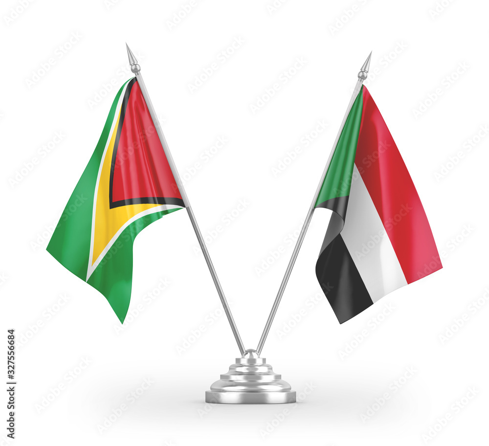 Sudan and Guyana table flags isolated on white 3D rendering